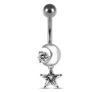 AZARIO LONDON White Crystal Stone Trendy Moon and Star Design Sterling Silver Belly Bars Piercing