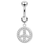 AZARIO LONDON White Crystal Stone Trendy Peace Sign Design Sterling Silver Belly Bars Piercing