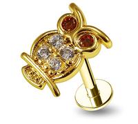 AZARIO LONDON Yellow Gold Owl Cz Stone Labret-Cartilage-Tragus Earring/Helix Stud/Conch Piercing Stud- Surgical Steel Stud - 16 Gauge Labret