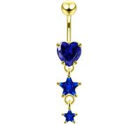 AZARIO LONDON Yellow Gold Plated Dark Blue Cz Stone Heart with Two Star Dangling Design 925 Sterling Silver with Stainless Steel Belly Bar - Navel Jewellery - Belly Button Ring Body Jewellery