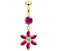 AZARIO LONDON Yellow Gold Plated Red Cz Stone Round with Sparking Flower Dangling Design Sterling Silver with Surgical Steel Belly Bar - Navel Jewellery - Belly Button Ring Body Jewellery