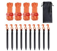 Azarxis Tent Guy Rope 4mm Reflective Guy Line 4m / 13ft Tarp Guide Rope with Aluminum Tensioner Cord Adjuster for Camping Awning Packing Tying Down (Orange - 4 Pack + Black Tent Peg - 10 Pack)