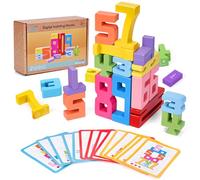 Azazaza Wooden Number Blocks, Montessori Building and Stacking Toys Puzzle for Kids 3+ Years Old (20 Pieces, 15 Cards)