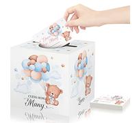 Azbuk Blue balloons Bear Baby Shower Game Cards with Box, Guess How Many, Baby Shower Game with Box and 50 Guessing Cards, Baby Shower Decorations for Boy and Girl