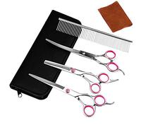 Azddur Pet Dog Grooming Scissors Set 4 Pcs Stainless Steel Professional Pet Trimmer Kit-6 inch Straight Cutting Scissors, Thinning Shears, Curved Scissors, Groom Comb (Pink)