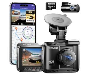 AZDOME Dashcam Auto Vorne Hinten 4K/2,5K GPS WiFi Dash Cam Auto mit 64GB SD Karte, Dual Auto Kamera, Parküberwachung, Super Nachtsicht, WDR, 170° Weitwinkel, G-Sensor, Loop-Aufnahme, GS63H Pro
