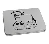 Azeeda 170mm 'Cow Sitting on Hay Bale' Metal Hinged Tin/Storage Box (TT00317504)