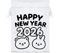 Azeeda 18cm 'Happy New Year 2026 Cute Bunny and Bear' Satin Drawstring Bag/Pouch (SB00135350)