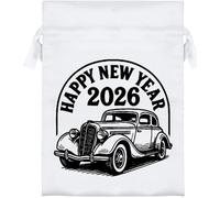 Azeeda 18cm 'Happy New Year 2026 Vintage Car' Satin Drawstring Bag/Pouch (SB00135322)