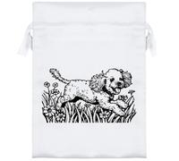 Azeeda 18cm 'Happy Toy Poodle Running with Flowers' Satin Drawstring Bag/Pouch (SB00129442)