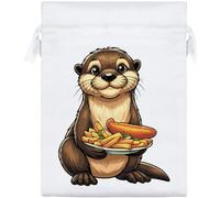 Azeeda 20cm 'Cute Otter With Fish & Chips' Satin Drawstring Bag/Pouch (SB00150803)