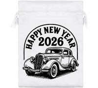 Azeeda 20cm 'Happy New Year 2026 Vintage Car' Satin Drawstring Bag/Pouch (SB00135323)