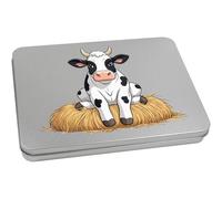 Azeeda 220mm 'Cow Sitting on Hay Bale' Metal Hinged Tin/Storage Box (TT00317499)