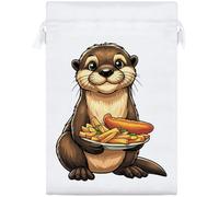 Azeeda 25cm 'Cute Otter With Fish & Chips' Satin Drawstring Bag/Pouch (SB00150804)