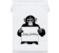 Azeeda 25cm 'Happy Birthday with Chimpanzee' Satin Drawstring Bag/Pouch (SB00133468)