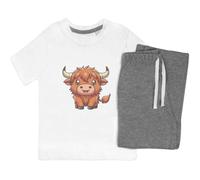 Azeeda 7-8 Years 'Cute Highland Cow' Kids Nightwear/Pyjama Set (KP00175594) White/Grey