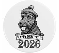 Azeeda 77mm 'Happy New Year 2026 Scottish Terrier' Large Button Pin Badge (BB00155295)