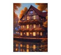 Azeeda 'Autumn Riverside Inn' Wall Art Poster Print - Golden Reflections Across Calm Waters - Unframed Artwork for Home Decor - A2 Portrait (PP00367686)