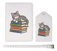 Azeeda 'Cat Lounging on a Stack of Books' Passport Cover & Luggage Tag Travel Set (PA00045284)