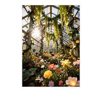 Azeeda 'Enchanted Glass Greenhouse' Wall Art Poster Print - Luminous Blooms Beneath Sunlit Panels - Unframed Artwork for Home Decor - A2 Portrait (PP00367750)