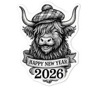 Azeeda 'Happy New Year 2026 Highland Cow ' White Premium Vinyl Decal Sticker - Waterproof, Durable & Easy to Apply - for Car Bumpers, Windows, Bins & More - Medium (100mm) (DW00178367)