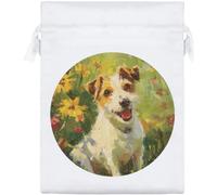 Azeeda 'Jack Russell & Flowers' Satin Gift Bag - 20cm (SB00166426) | Drawstring Gift Pouch for Wedding Favours, Jewellery and Parties