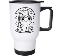 Azeeda 'Leaf Umbrella Frog' Travel Mug - 400ml (14oz) (MG00113325) | White Reusable Coffee Cup for Work, Commuting, Cars and Travel