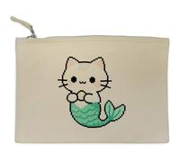 Azeeda 'Pixel Style Mermaid Cat Holding Pearl' Canvas Clutch Bag/Accessory Case (CL00050958)