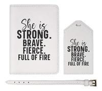 Azeeda 'She is Strong Brave Fierce Motivational Text' Passport Cover & Luggage Tag Travel Set (PA00033183)