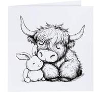 Azeeda 'Sleepy Highland Cow Cuddling with Plush Bunny' Blank Greeting Card (GC00074961)