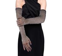 Azefnuhk Stretch Black Fishnet Gloves, Sparkly Mesh Glitter Opera Full Finger Gloves, Rhinestone Mermaid Accessories -Party Halloween, Prom Glinda Costume for Women and Girls