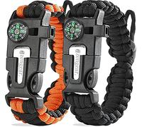 Paracord Survival Bracelet (2 Pack) | Flint Steel Fire Starter, Whistle, Compass, Hiking Accessories, Wild Camping Equipment Kit, Bushcraft, Emergency (Black and Orange)