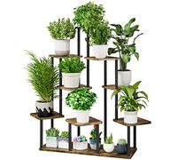 AZERPIAN Plant Stand 9 Tier Indoor Metal Flower Shelf for Multiple Plants Corner Tall Flower Holders for Patio Garden Living Room Balcony Bedroom, Black+Rustic Brown