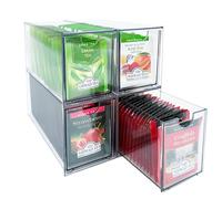 AZEZO 4-Pack Tea Bag Drawers Organizer - 4 Clear Plastic Drawer Tea Bag Holder; Stackable & Portable; Wider Size; Well-Organized Storage for Tea Bags & Kitchen Essentials