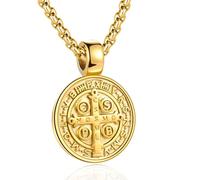 AZFVBQL St Benedict Exorcism Medal Pendant Necklace Men's Stainless Steel Catholic Roman Cross Demon Protection Ghost Hunter Religion Jewelry, 31mm, Stainless Steel, No Gemstone