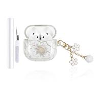 AZGYIAI Compatible with Apple AirPods 4th Generation Case (2024), Soft TPU with Cute Flower Pattern for AirPods 4 Case with Flower Keychain and Cleaning Kit for Girls Women (White)