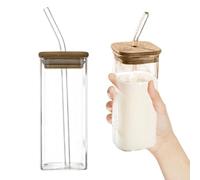 AZIDWERYQ 2PCS Clear Glass Cups with Lids and Straws, 400ml Square Drinking Glasses, Heat-Resistant Portable Drinking Cup for Iced Coffee Juice Beverage and More Square Glasses
