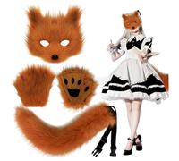 AZIDWERYQ 3PCS/Set Furry Costume, Brown Furry Fox Mask, Adjustable Therian Tail and Fluffy Paw Gloves for Halloween Party Fox Mask