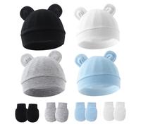 AZIDWERYQ 4 Set Baby Hats and Mittens, Soft Cotton Newborn Essentials Must Haves, Cute Infant Hats 0-3 Months for Boys, Girls Baby Hospital Hat
