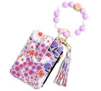 AZIDWERYQ Beaded Wristlet Wallet Cute Womens Boho Style Beaded Tassel Keychain Wallet Silicone Bracelet Floral Folded Edges Card Holder Light Purple