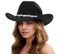 AZIDWERYQ Cowboy Hat, Classic Black Cowgirl Hat with Sparkly Rhinestone Belt, Western Cowboy with Sweatband, Portable Hats for Women Ladies Black