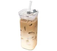 AZIDWERYQ Glass Cups with Lids and Straws, 400ml Clear Portable Safe Square Drinking Glasses for Cocktail Beer, Soda, Fruit Juice