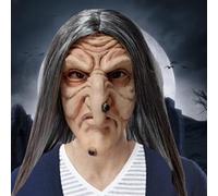 AZIDWERYQ Halloween Witch Mask, Wicked Wrinkled Old Lady Mask with Long Hair & Witch Nose, Scary Latex with Ventilation Holes One Size Fits Most for Adults Halloween Cosplay