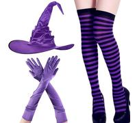 AZIDWERYQ Witch Costume Women, Soft Skin-Friendly Fabric Halloween Costumes with Purple Striped Socks, Pointed Hat, Gloves, Halloween Dress for Cosplay Parties, One Size Dress