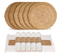 AZKEEGREY 12 Pcs Woven Placemats Table Mats Set, 6 Placemats, 6 Long Table Mat, Cotton Burlap and Water Straw Woven Combination Tables Place Mats Sets for Outdoor Dining Table