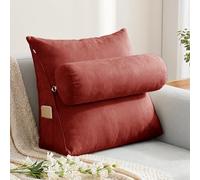AZMAHT Reading Pillow for Bed Adult, Large Back Support Cushion with 3-Level Adjustable Neck Roll, Soft Korean Velvet Backrest Pillow with Side Pockets, Removable Cover,Dark Red,60X50X20CM