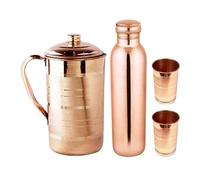 AZMIQ Pure Copper Water Bottle & Jug Set with 2 Glasses - 920ml (31oz) Bottle, 1100ml (37oz) Jug, Handmade Copper Drinkware Set, Brown