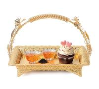 AZMUDE Gold Serving Tray with Handles, Coffee Serving Tray Vintage Style Elegant Metal Serving TraySturdy Zinc Alloy Carved Beautiful Patterns Gold Color for Home Bar Cafe 30 x 20.5cm