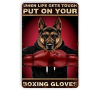 AZOLID Boxing Dog When Life Gets Tough Put on Your Boxing Gloves Funny Tin Sign Vintage Fine Cave Art Decorations Metal Sign Wall Decor 30X43 CM