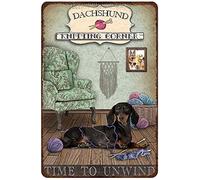 AZOLID Metal Signs Knitting Corner Dachshund Tin Sign Vintage Funny Home Kitchen Bar Club Cave Rustic Wall Art Decor 14X20CM